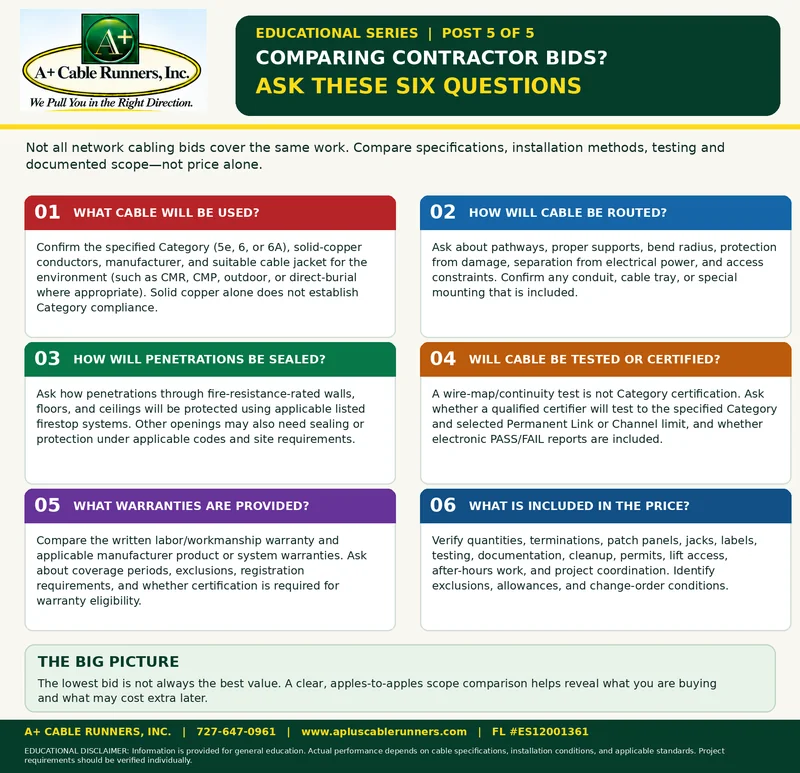 A+ Cable Runners educational series, post 5 of 5: Comparing contractor bids? Ask these six questions: what cable will be used, how it will be routed, how penetrations will be sealed, whether it will be tested or certified, what warranties are provided and what is included in the price.