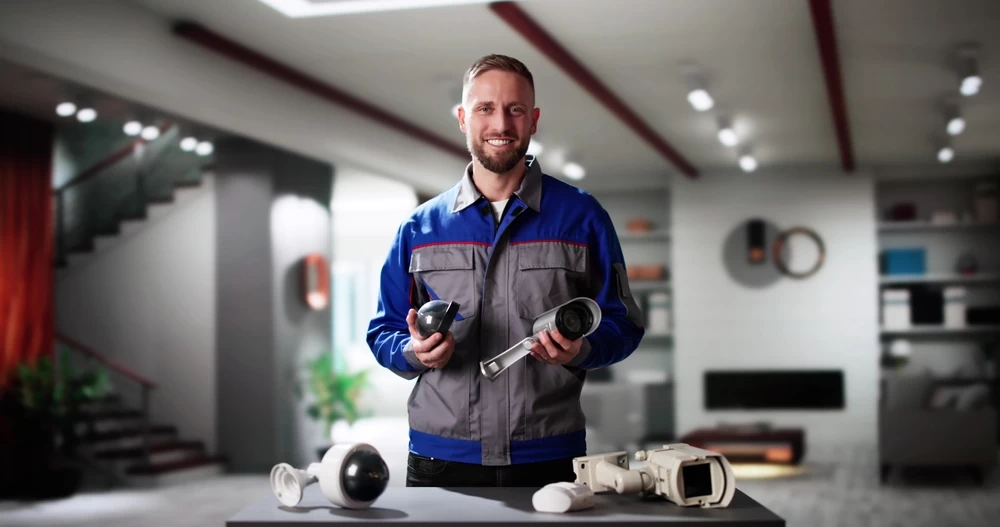Installer holding security cameras