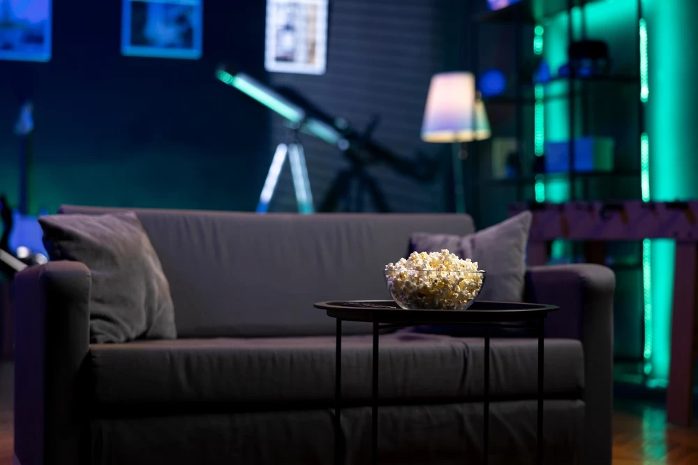 Home theater room with a sofa and projector